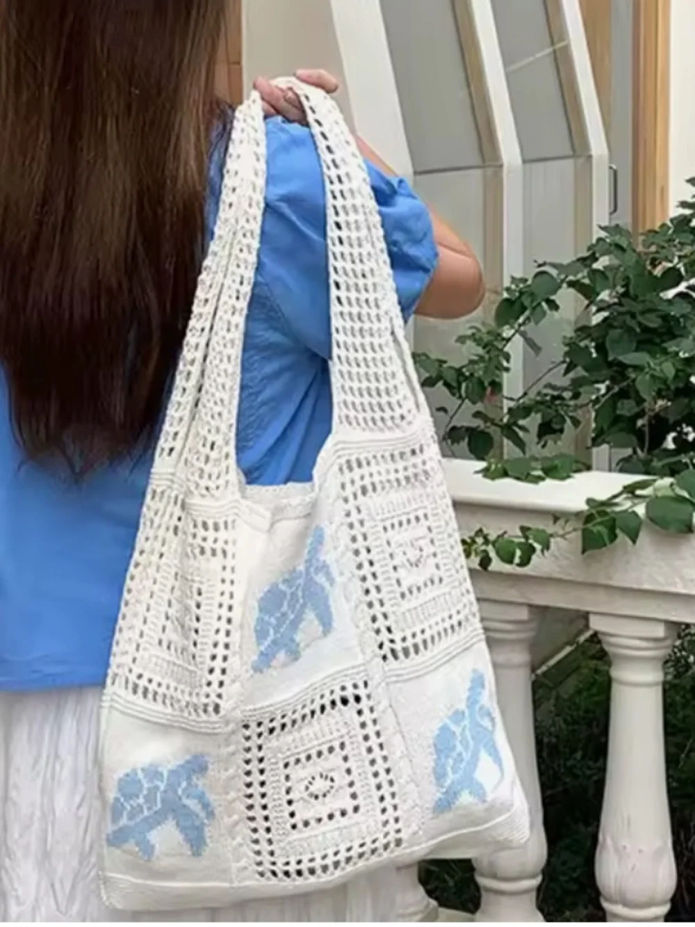 Cream Crochet Shoulder Tote with Light Blue Turtle Motif